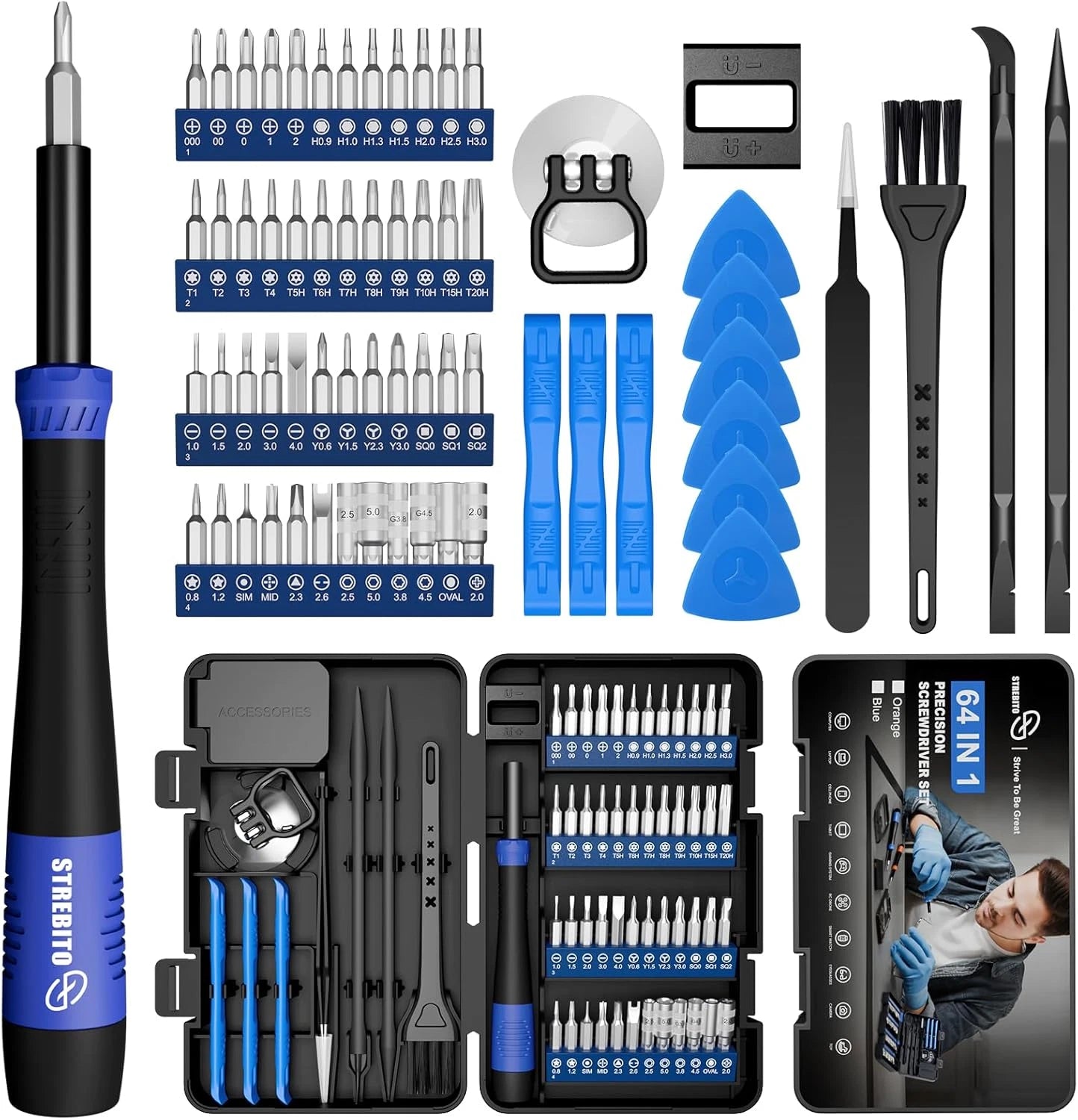 STREBITO Small Precision Screwdriver Set 64-Piece with Torx, Triwing, Pentalobe,