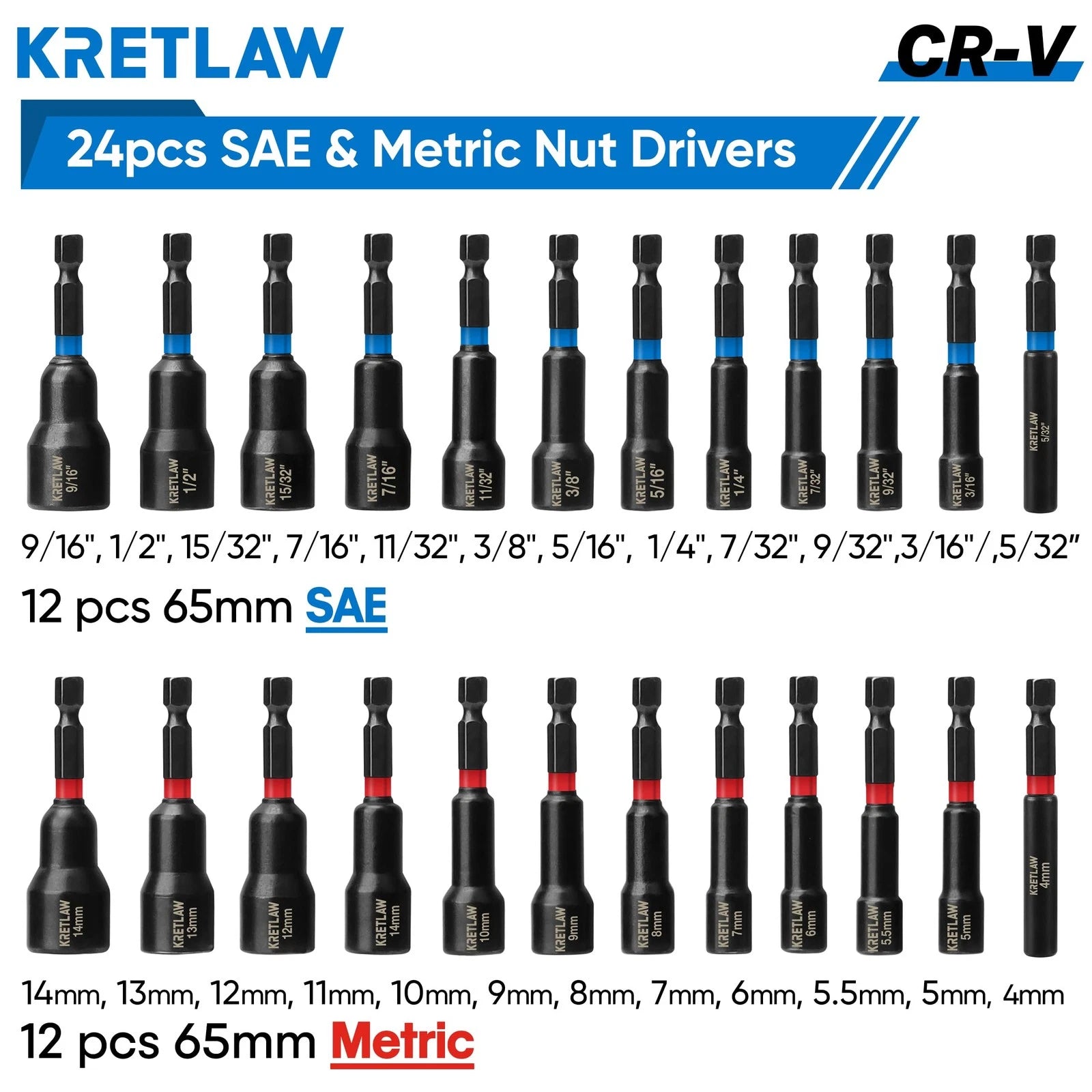 31PCS Magnetic Nut Driver Set, Impact Drill Driver Bit in Cr-V, SAE & Metric ...