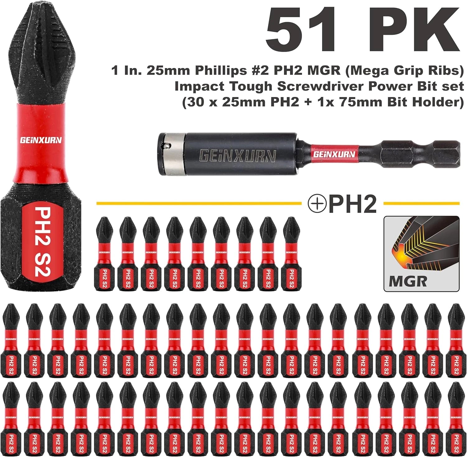 51Pack PH2 1 Inches Impact Tough Anti-Slip Screwdriver Bits, #2 Phillips 1/4 Inc