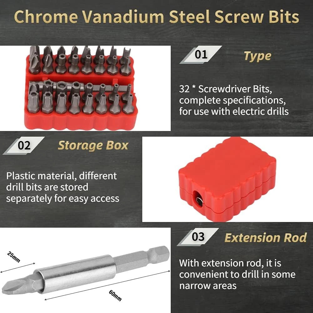 33 in 1 Hollow Screwdriver Bit, Chrome Vanadium Steel, Screw Tips