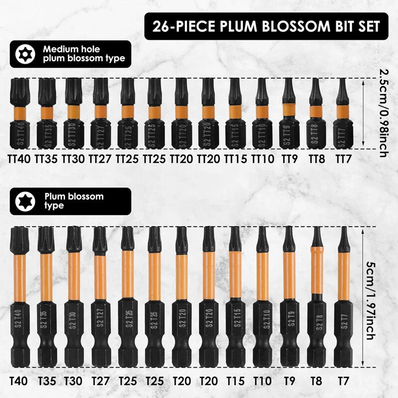 26pcs Impact Torx Set T7-T40 Driver Star Bits Security Tamper Proof 1/4" Shank