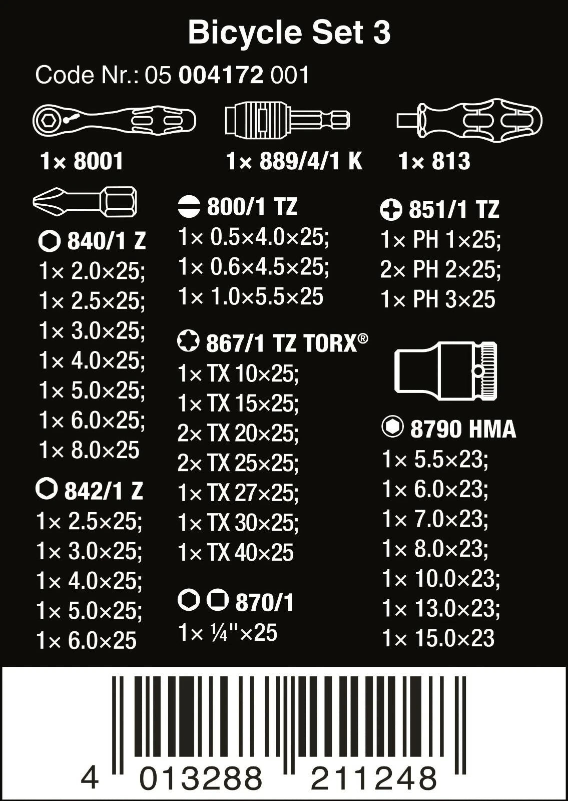 Wera Bicycle Set 3 Zyklop Mini Ratchet Bit Set 1/4" Drive Metric 05004172001