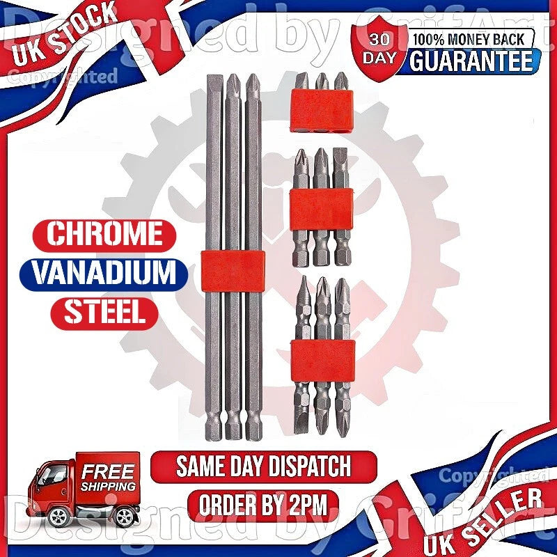 12PC SCREWDRIVER DRILL BIT SET LONG SHORT FLAT HEAD SLOTTED PHILLIPS POZI S2 PZ2