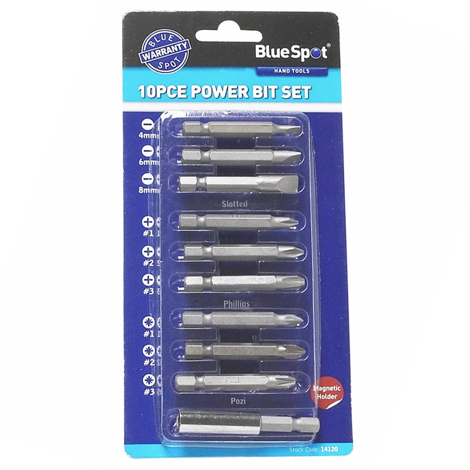 Bluespot 10 Piece Power Bit Set Includes Phillips, Pozi And Slotted Power Bits