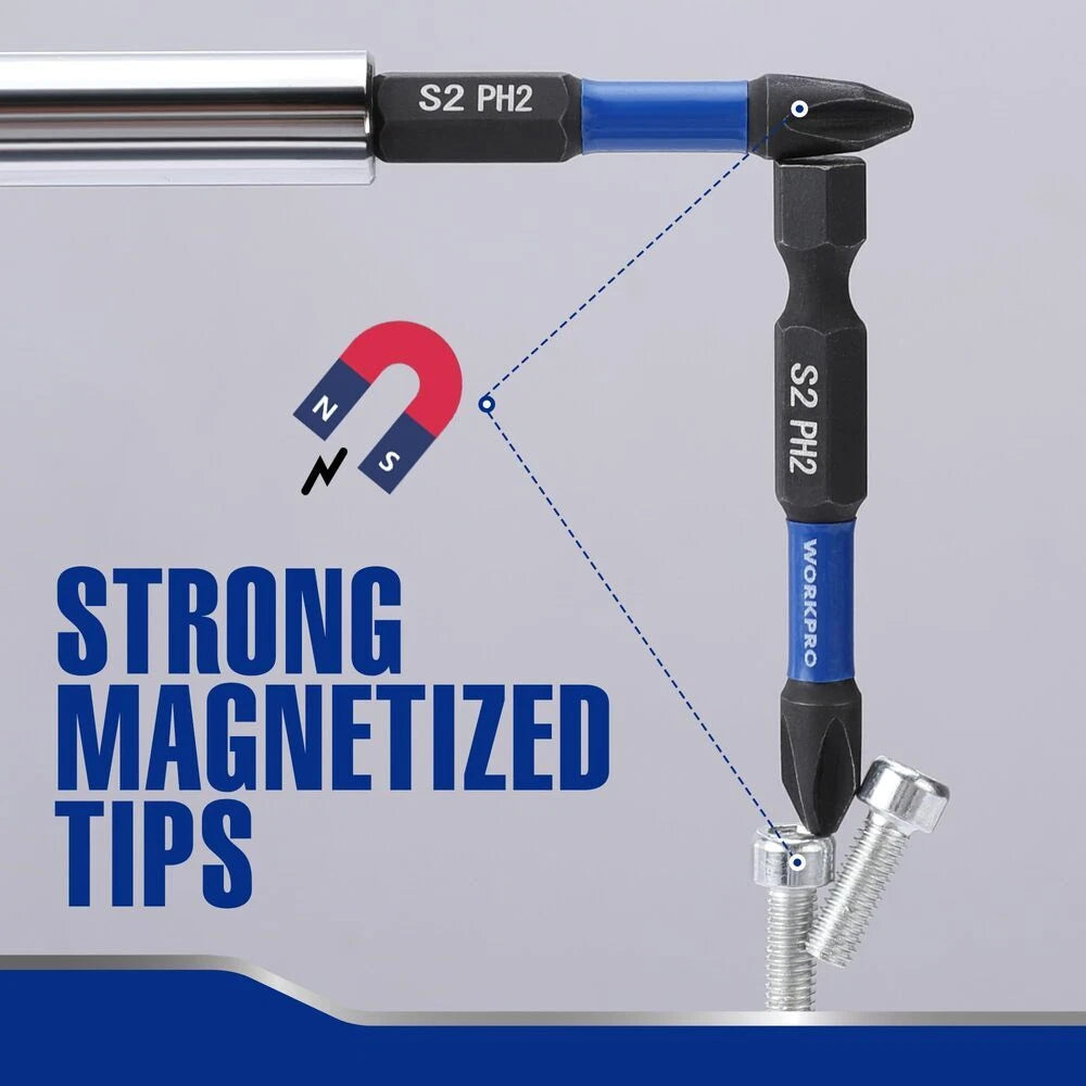 WORKPRO 12pcs PH2 Impact Phillips Screwdriver Bit Set CNC Machined S2 Steel Tips