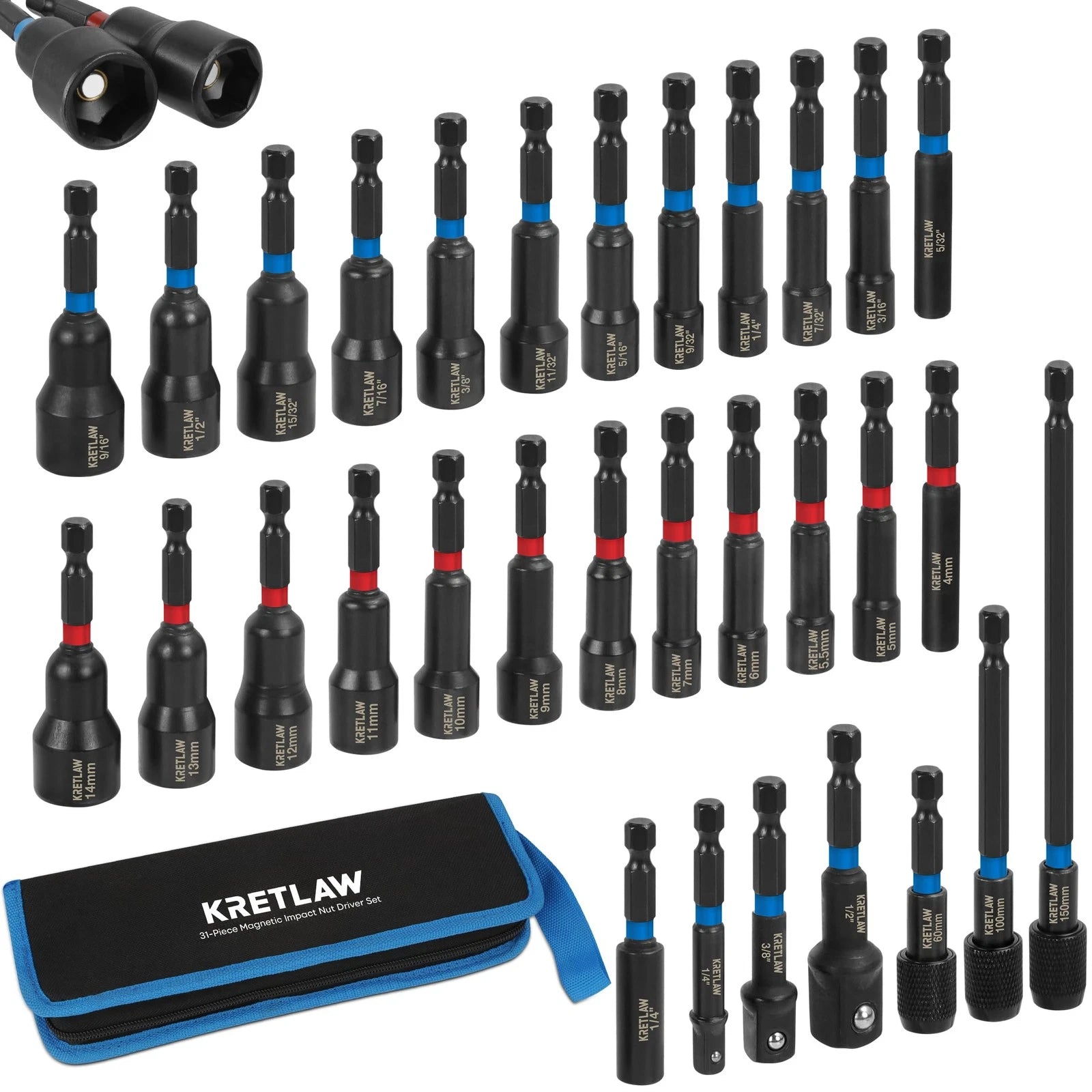 31PCS Magnetic Nut Driver Set, Impact Drill Driver Bit in Cr-V, SAE & Metric ...