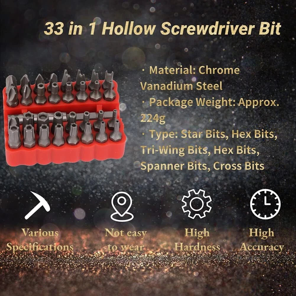 33 in 1 Hollow Screwdriver Bit, Chrome Vanadium Steel, Screw Tips