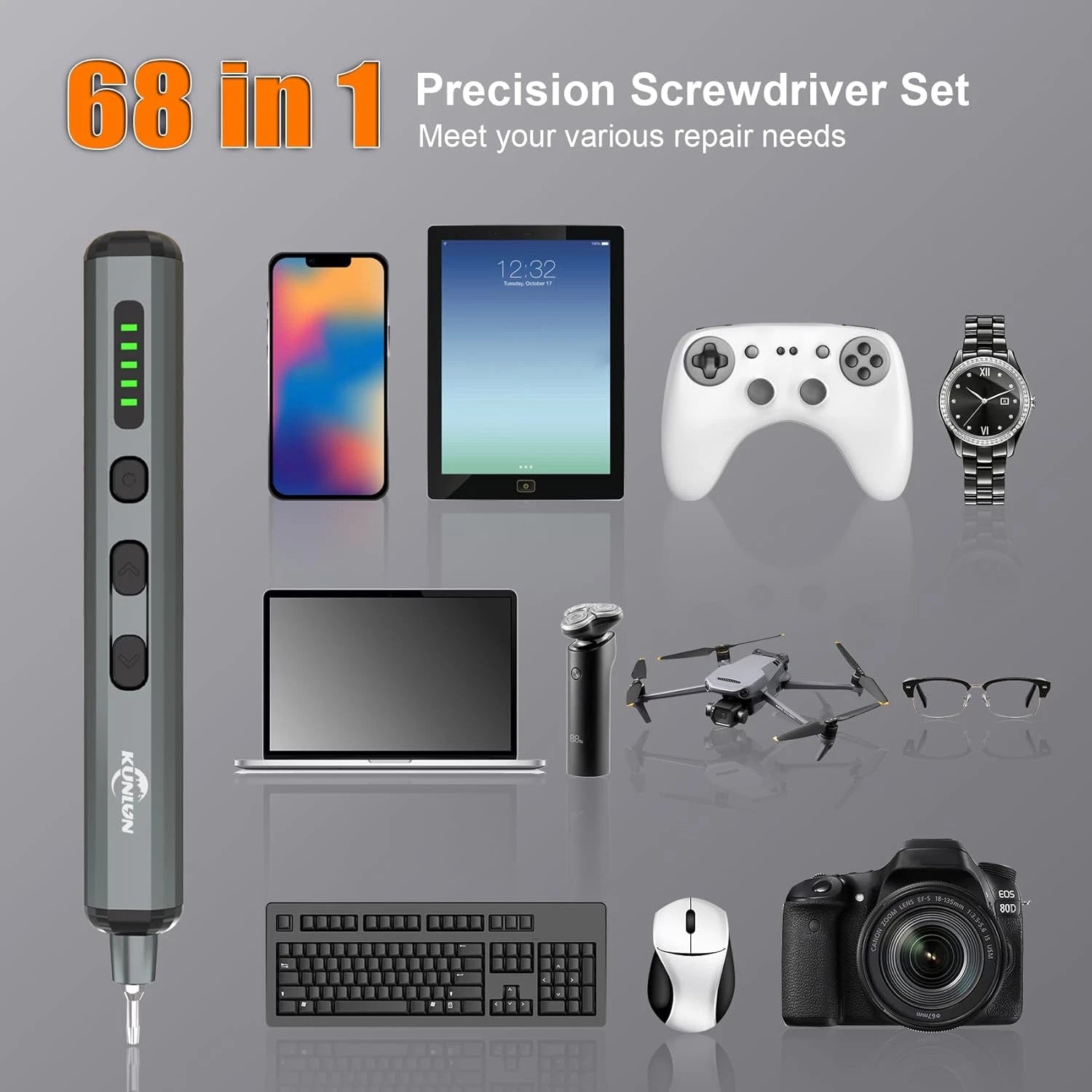 68-in-1 Mini Electric Screwdriver Set – 64 Bits, 5 Torque, LED Light, USB-C