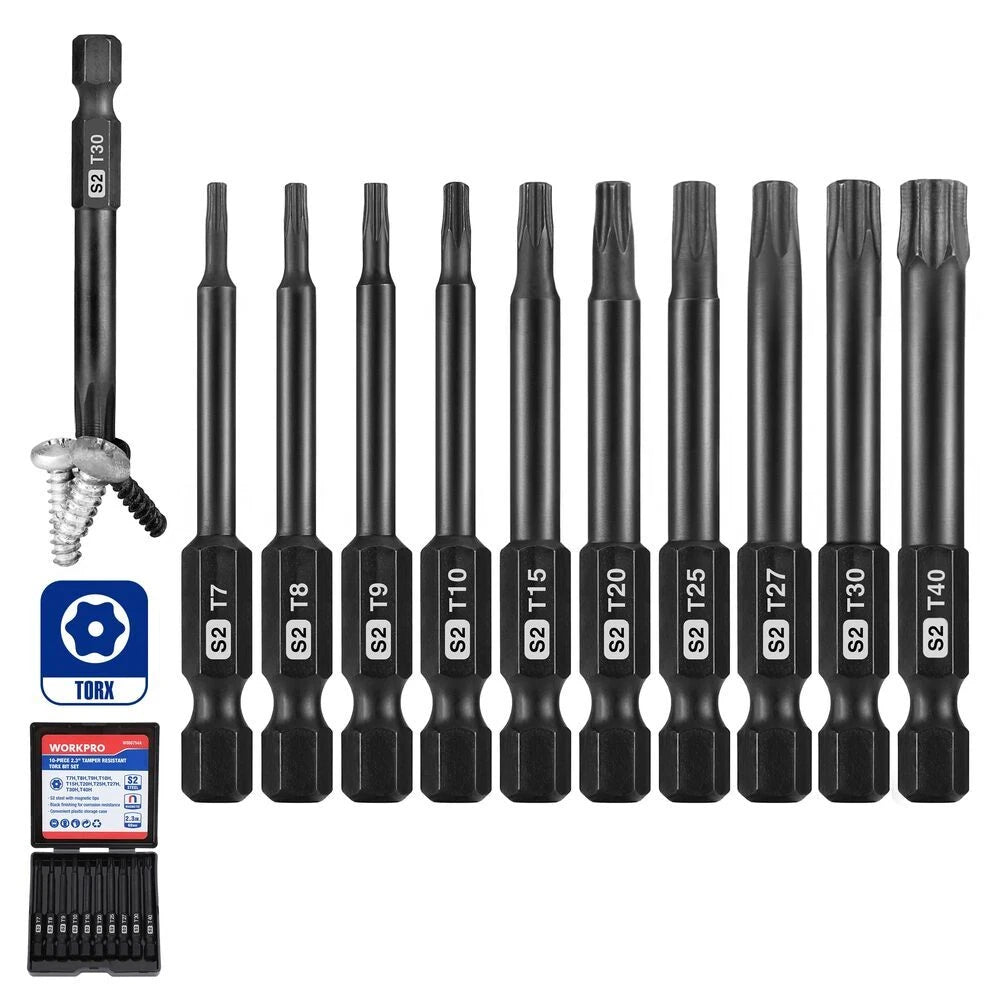 WORKPRO 10PCS Security Torx Bit Set 2.3" Long Magnetic Tips Torx Screwdriver Bit