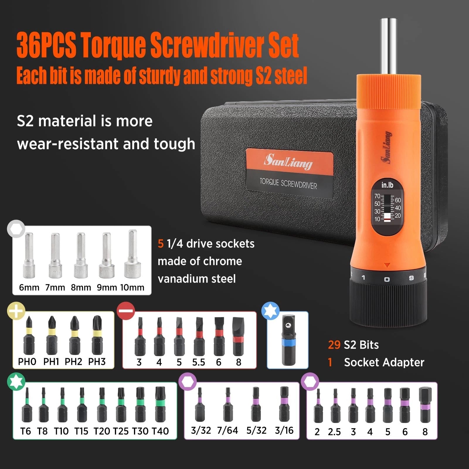 36Pcs Torque Screwdriver Wrench Driver Set 10-70 Inch Pounds lbs with 29 S2 B...