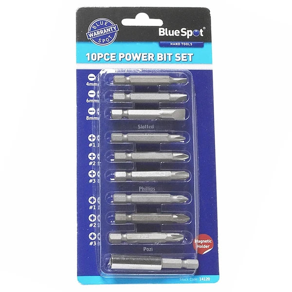 Bluespot 10 Piece Power Bit Set Includes Phillips, Pozi And Slotted Power Bits