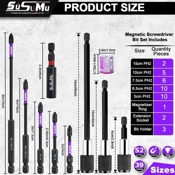 39-Piece Long Screwdriver Bit Set with Magnetic Extension Bar in Gift Box