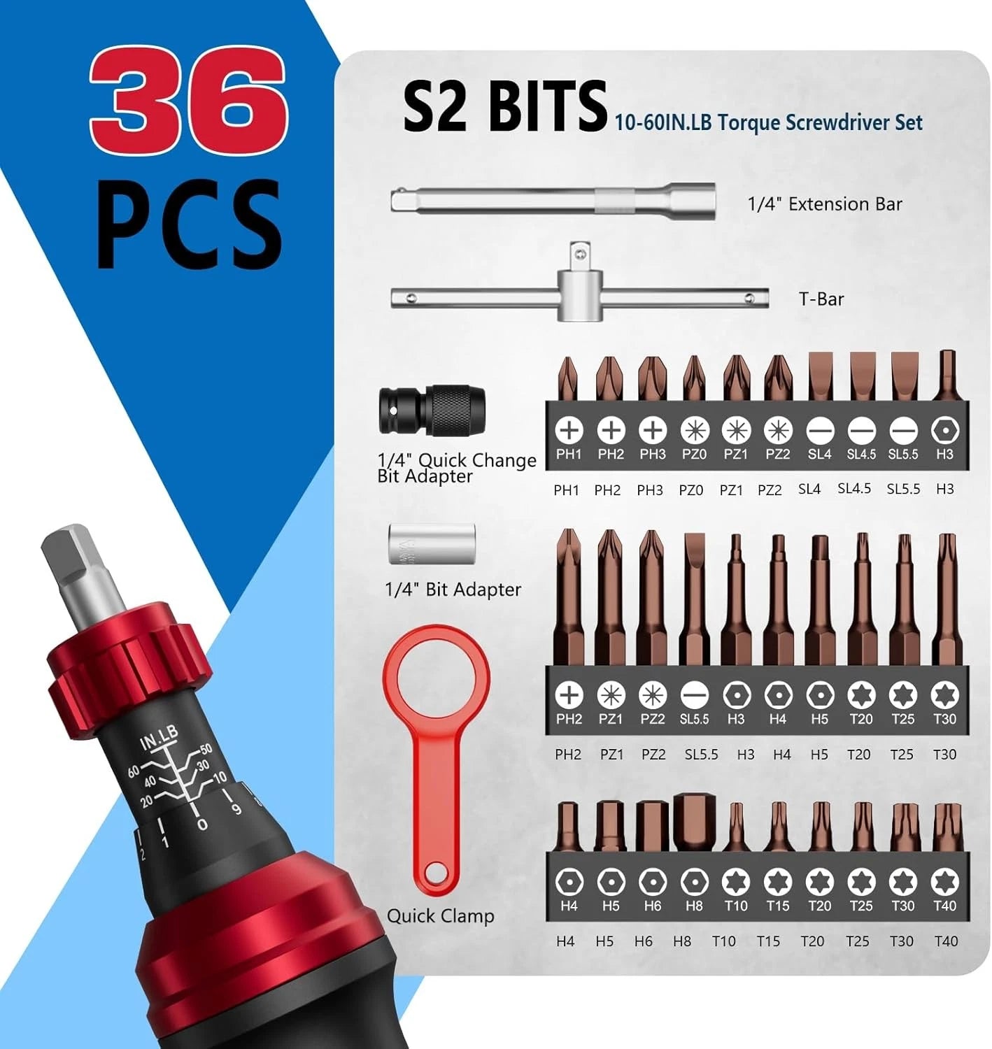 10-60In.Lb 1/4" Torque Screwdriver 36 PCS Set with T-Bar, Hex, Torx, and Phillip