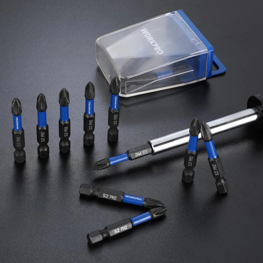 WORKPRO 12pcs PH2 Impact Phillips Screwdriver Bit Set CNC Machined S2 Steel Tips