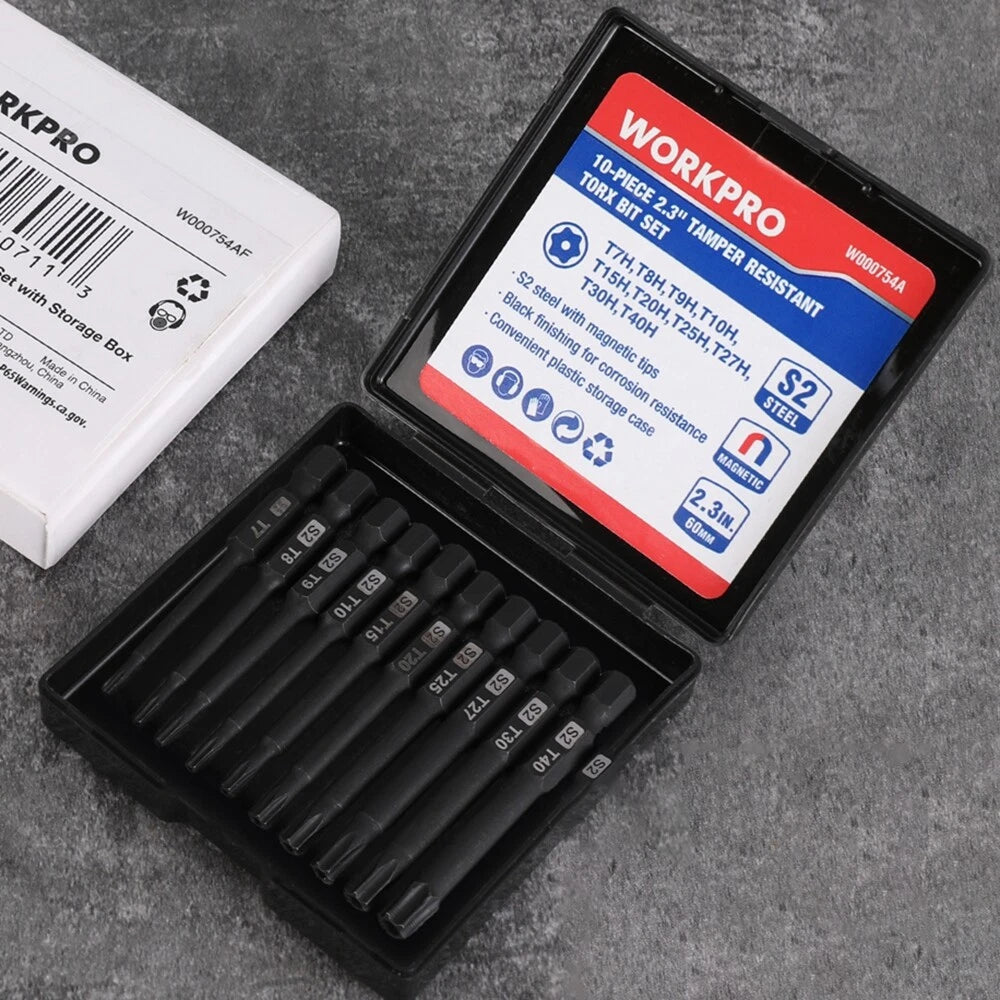 WORKPRO 10PCS Security Torx Bit Set 2.3" Long Magnetic Tips Torx Screwdriver Bit