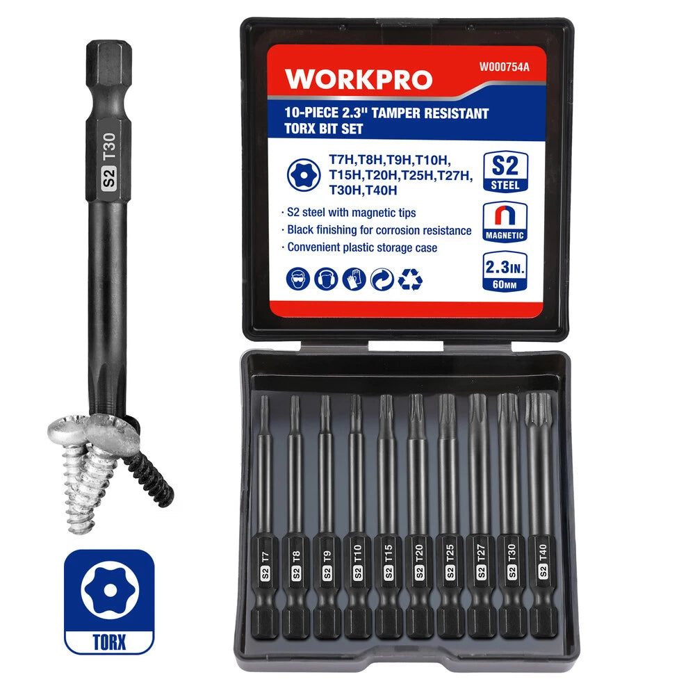 WORKPRO 10PCS Security Torx Bit Set 2.3" Long Magnetic Tips Torx Screwdriver Bit