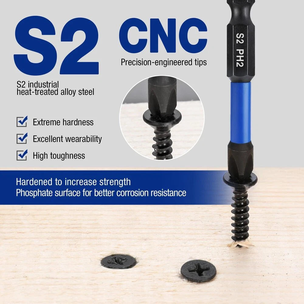 WORKPRO 12pcs PH2 Impact Phillips Screwdriver Bit Set CNC Machined S2 Steel Tips