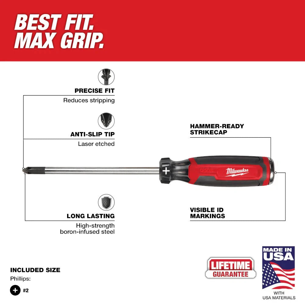 Milwaukee MT205 #2 6" Cushion Grip Phillips Demolition Screwdriver - Made In USA