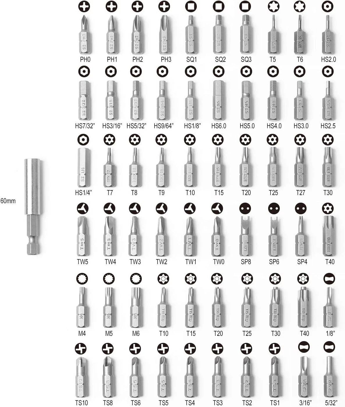 Security Bit Set 61-Piece S2 Steel Home Automotive Aerospace Durable Case