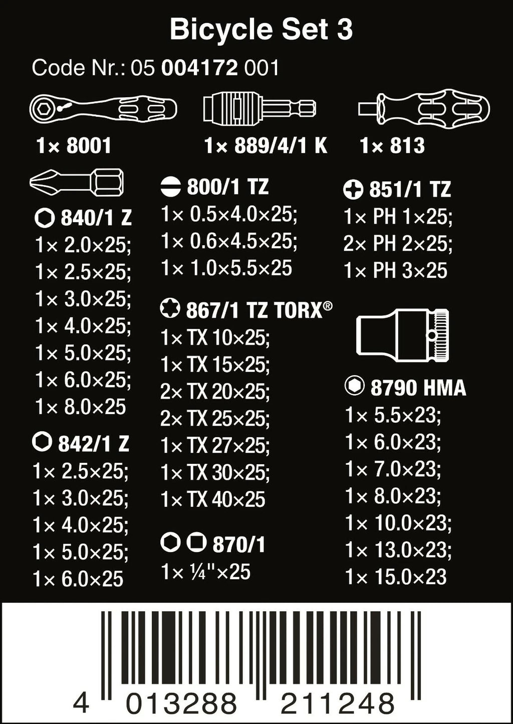 Wera Bicycle Set 3 Zyklop Mini Ratchet Bit Set 1/4" Drive Metric 05004172001