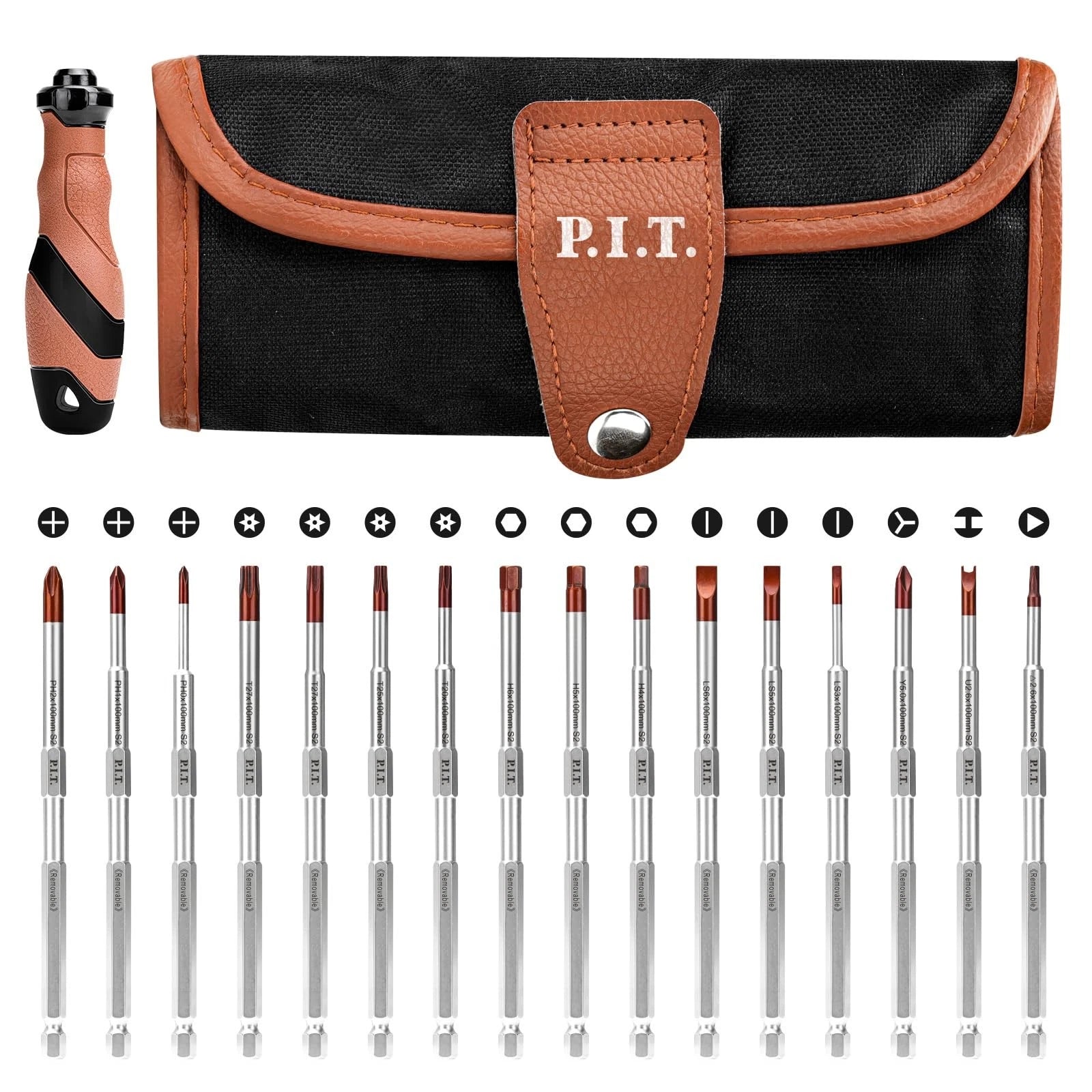 P.I.T. Screwdriver Set, 16-in-1 Impact Rated Screwdriver with Interchangeable...