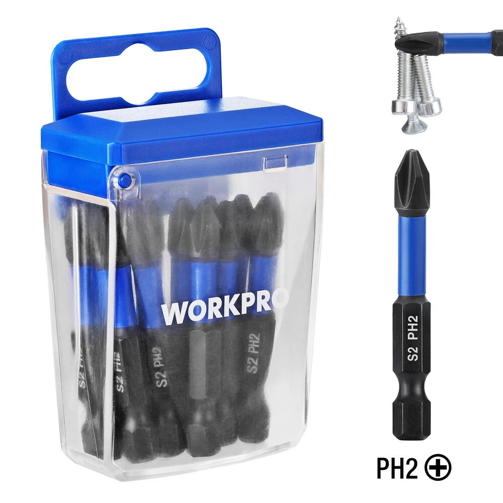 WORKPRO 12pcs PH2 Impact Phillips Screwdriver Bit Set CNC Machined S2 Steel Tips