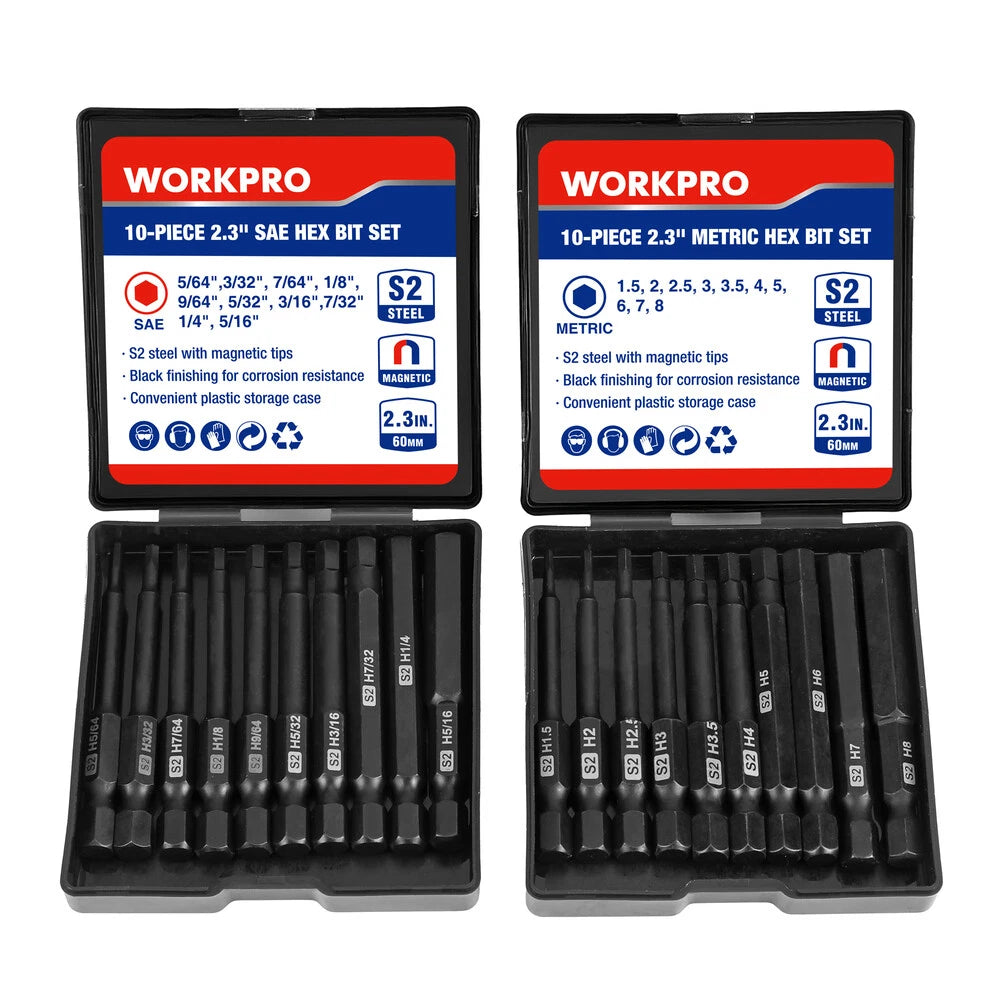 WORKPRO 20pcs Hex Head Allen Wrench Drill Bit Set Metric and SAE Hex Bits New