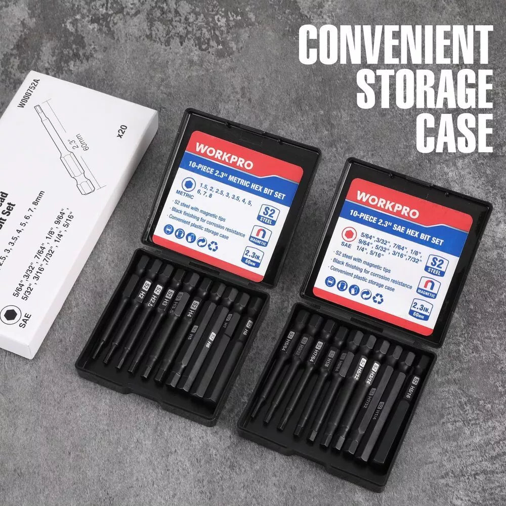 WORKPRO 20PC Hex Head Allen Wrench Drill Bit Set Magnetic Metric SAE Hex Bit Set