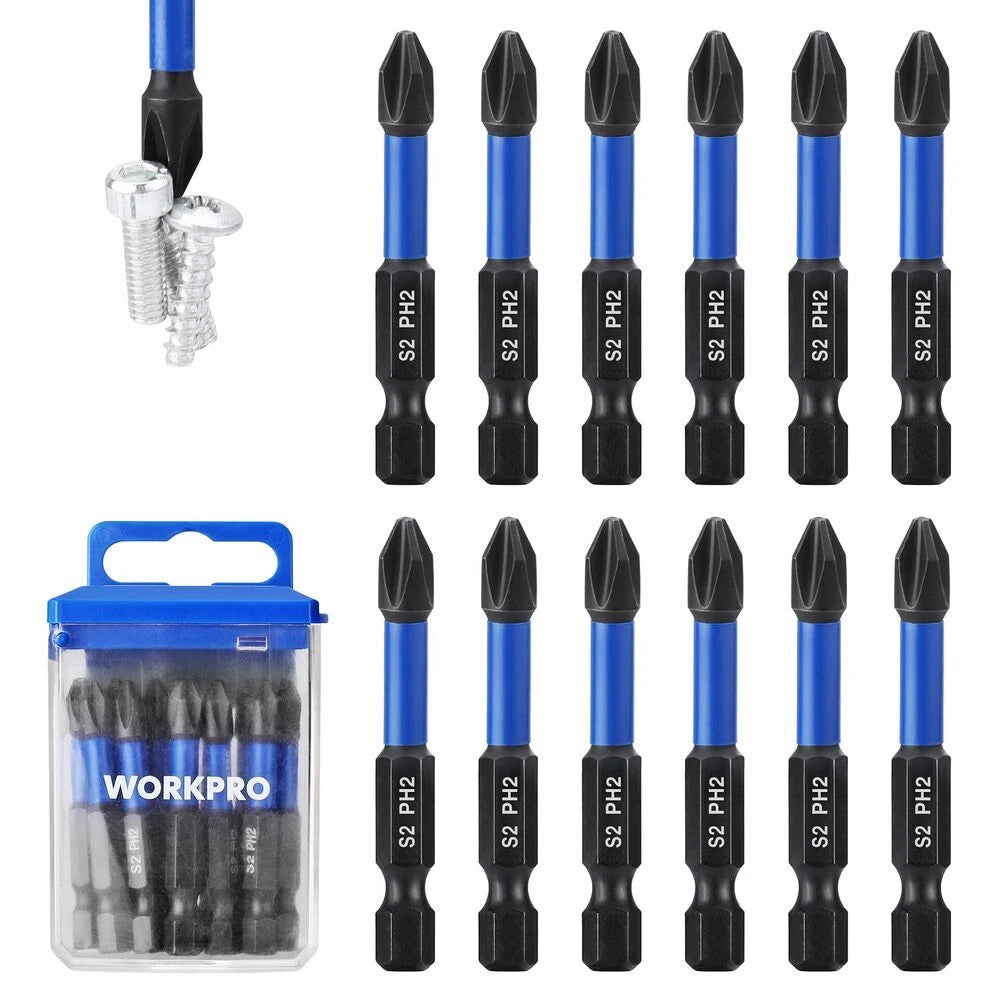 WORKPRO 12pcs PH2 Impact Phillips Screwdriver Bit Set CNC Machined S2 Steel Tips