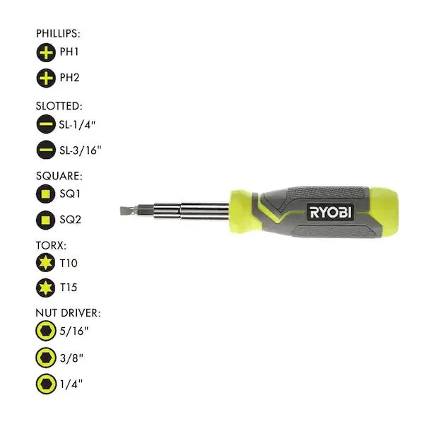 NEW Ryobi Multi-Bit 11in1 Screwdriver Cushion Grip Handle Bits and Nut Drivers