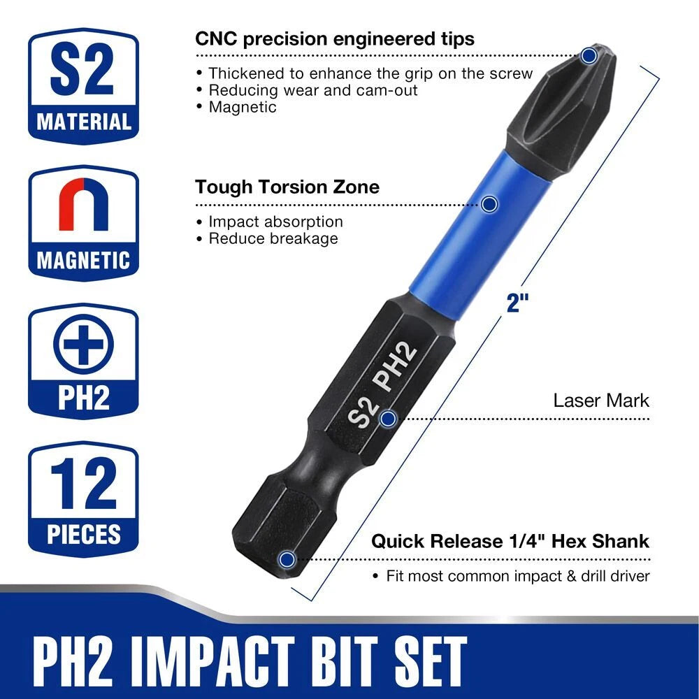 WORKPRO 12pcs PH2 Impact Phillips Screwdriver Bit Set CNC Machined S2 Steel Tips