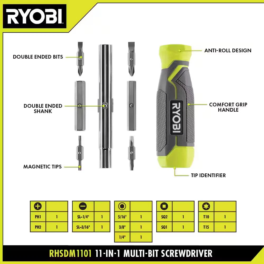 NEW Ryobi Multi-Bit 11in1 Screwdriver Cushion Grip Handle Bits and Nut Drivers