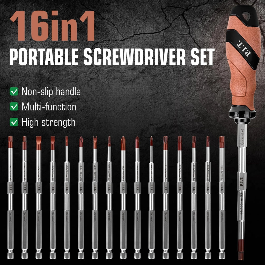 P.I.T. Screwdriver Set, 16-in-1 Impact Rated Screwdriver with Interchangeable...