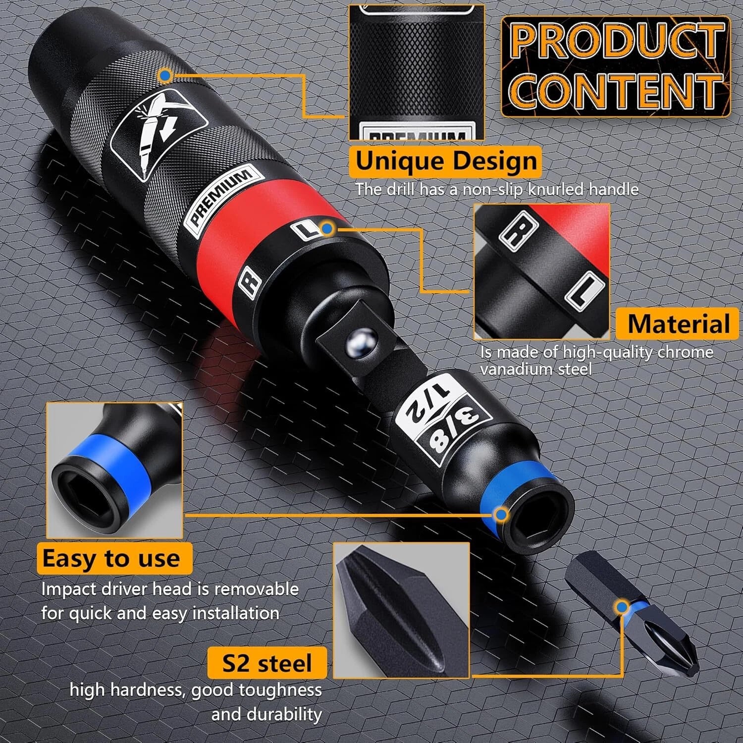 1/2" Hand Manual Reversible Impact Driver Set, 13 PCS Impact Screwdriver Kit,...