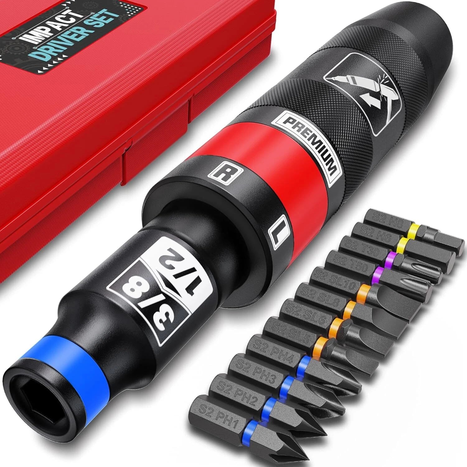 1/2" Hand Manual Reversible Impact Driver Set, 13 PCS Impact Screwdriver Kit,...