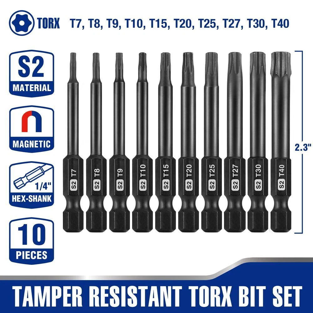 WORKPRO 10PCS Security Torx Bit Set 2.3" Long Magnetic Tips Torx Screwdriver Bit
