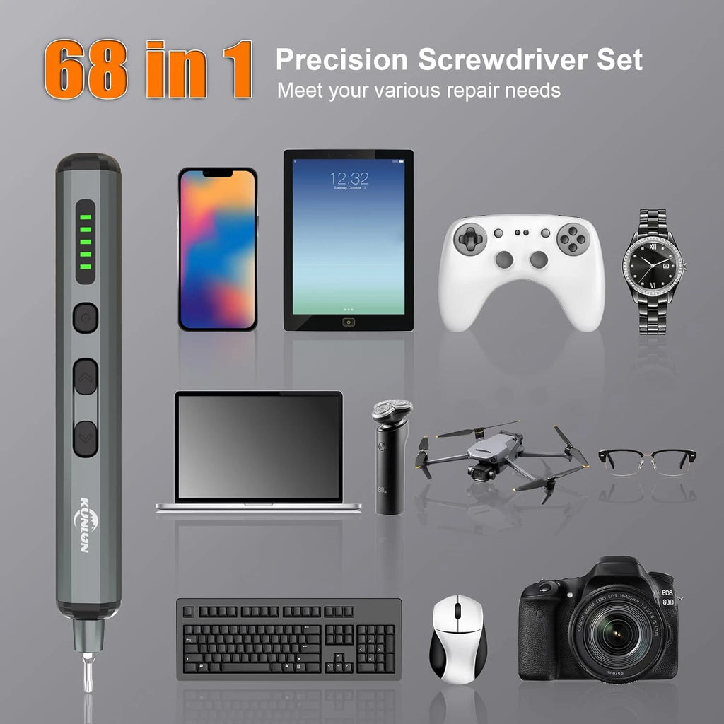 68-in-1 Mini Electric Screwdriver Set – 64 Bits, 5 Torque, LED Light, USB-C