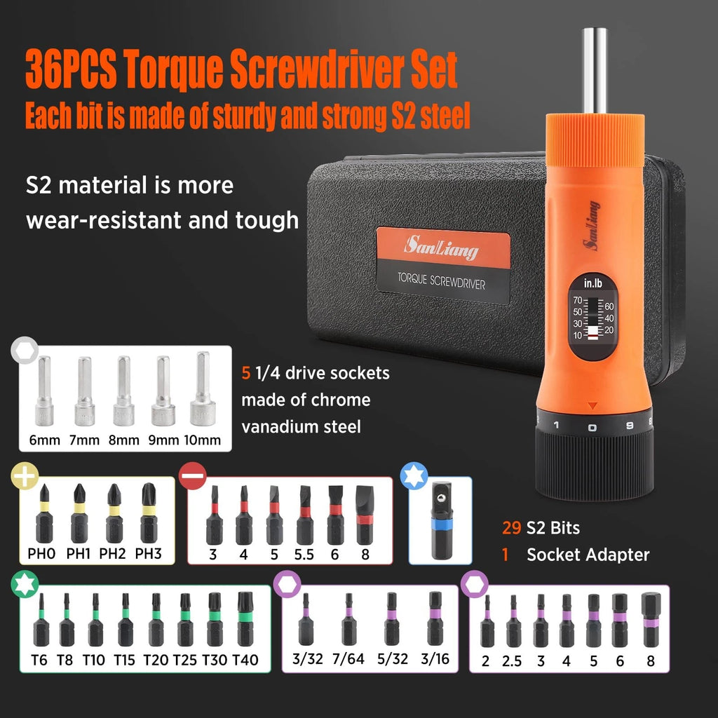 36Pcs Torque Screwdriver Wrench Driver Set 10-70 Inch Pounds lbs with 29 S2 B...