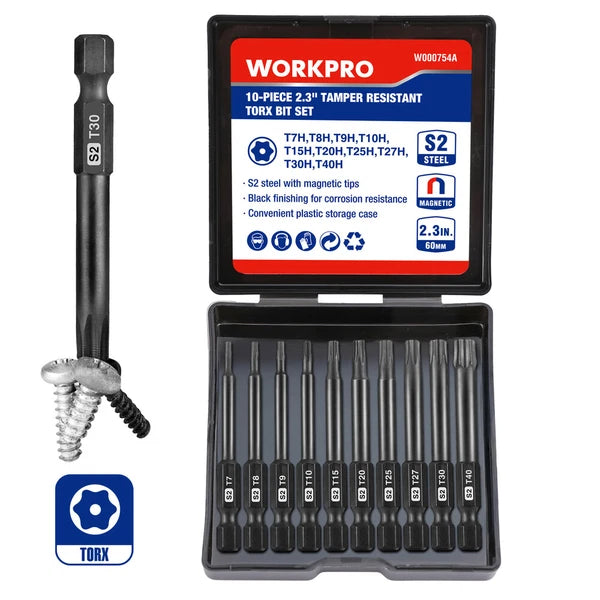 WORKPRO 10PCS Security Torx Bit Set 2.3" Long Magnetic Tips Torx Screwdriver Bit
