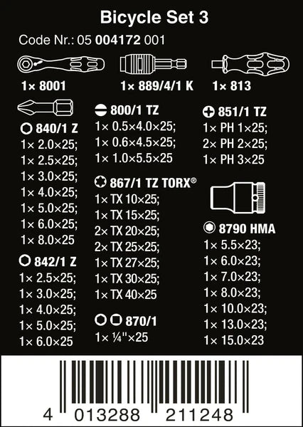 Wera Bicycle Set 3 Zyklop Mini Ratchet Bit Set 1/4" Drive Metric 05004172001