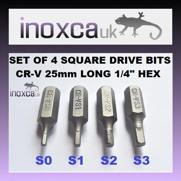 SET OF 4 SQUARE DRIVE BITS CR-V X 25mm S0 S1 S2 S3 CHROME VANADIUM STEEL