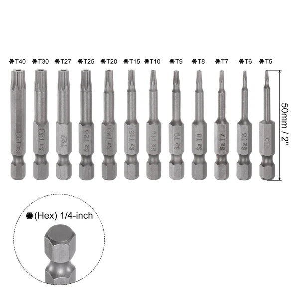 12PCS T5-T40 Torx Security Screwdriver Bit Set S2 Steel Tamper Proof Bit 2" Long