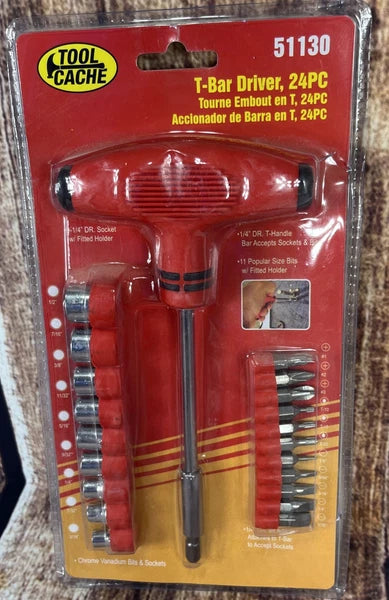 New Tool Cache T-Bar Driver 24 pc set Chrome Vanadium Sockets And Popular Bits