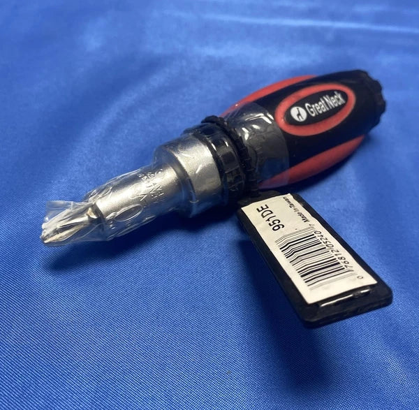 Small 4” Great Neck Ratcheting Screwdriver Locking Reversible With 4 Bits - New