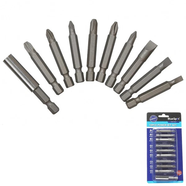 Bluespot 10 Piece Power Bit Set Includes Phillips, Pozi And Slotted Power Bits